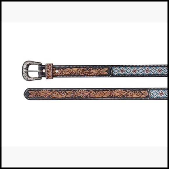 Genuine Leather Western Belt with Handtooled Design and Beads